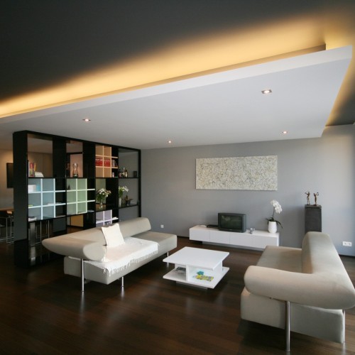 Cette armoire sur mesure fait office d’armoire de rangement et d’armoire d’exposition, tout en formant une séparation unique entre la cuisine et le living. Une paroi de séparation idéale,